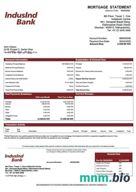 Indie Bank IndusInd wyciąg z kredytu hipotecznego szablon Word i PDF